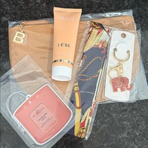 Boss zippered pouch & lotion / twilly, bag charm, freshie